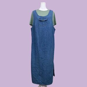 blue denim vintage 90s pinafore sleeveless maxi dress with bib pocket detail
